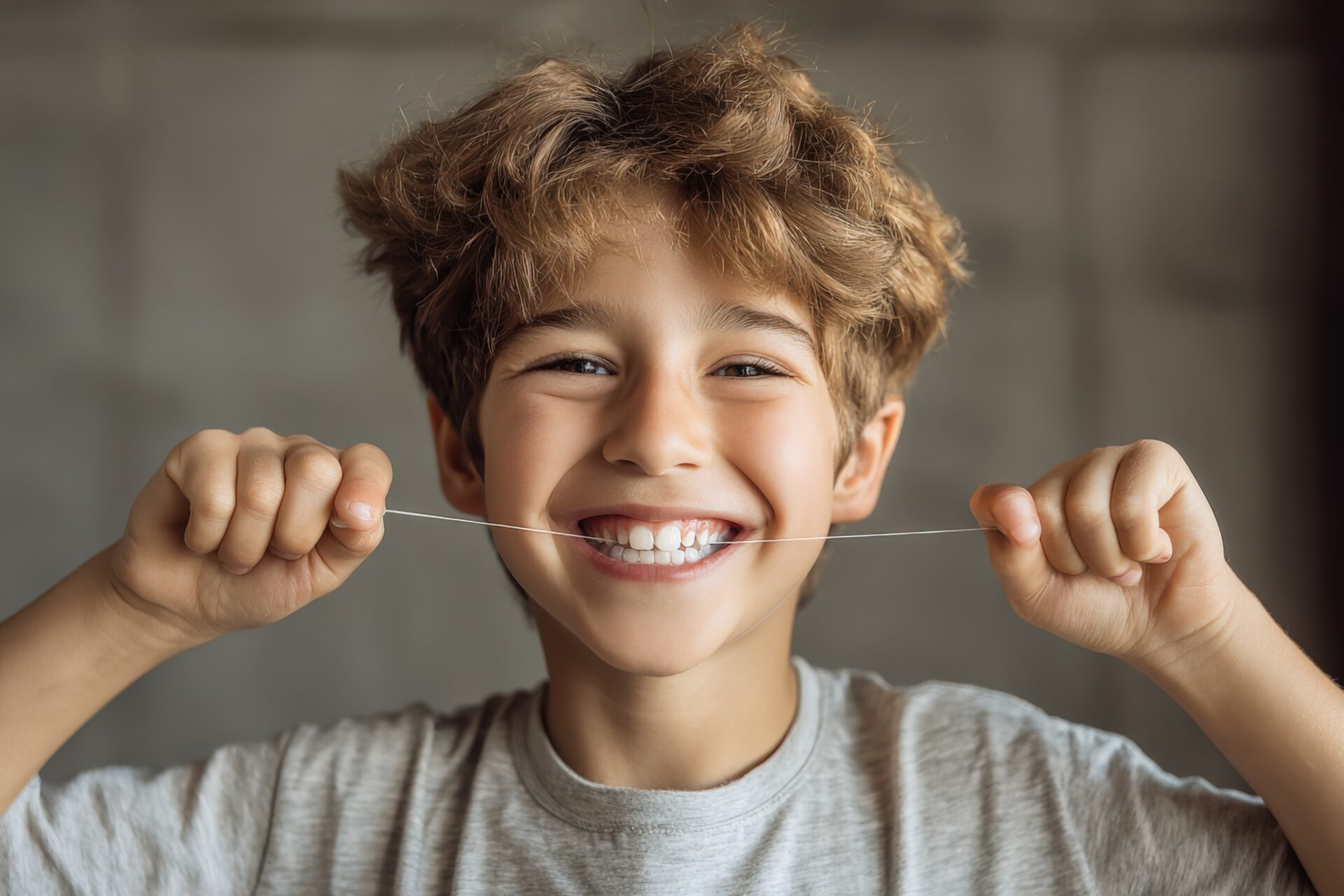 Smiling Boy Flossing Teeth for Healthy Gums and Oral Hygiene, Promoting Daily Dental Care Routine